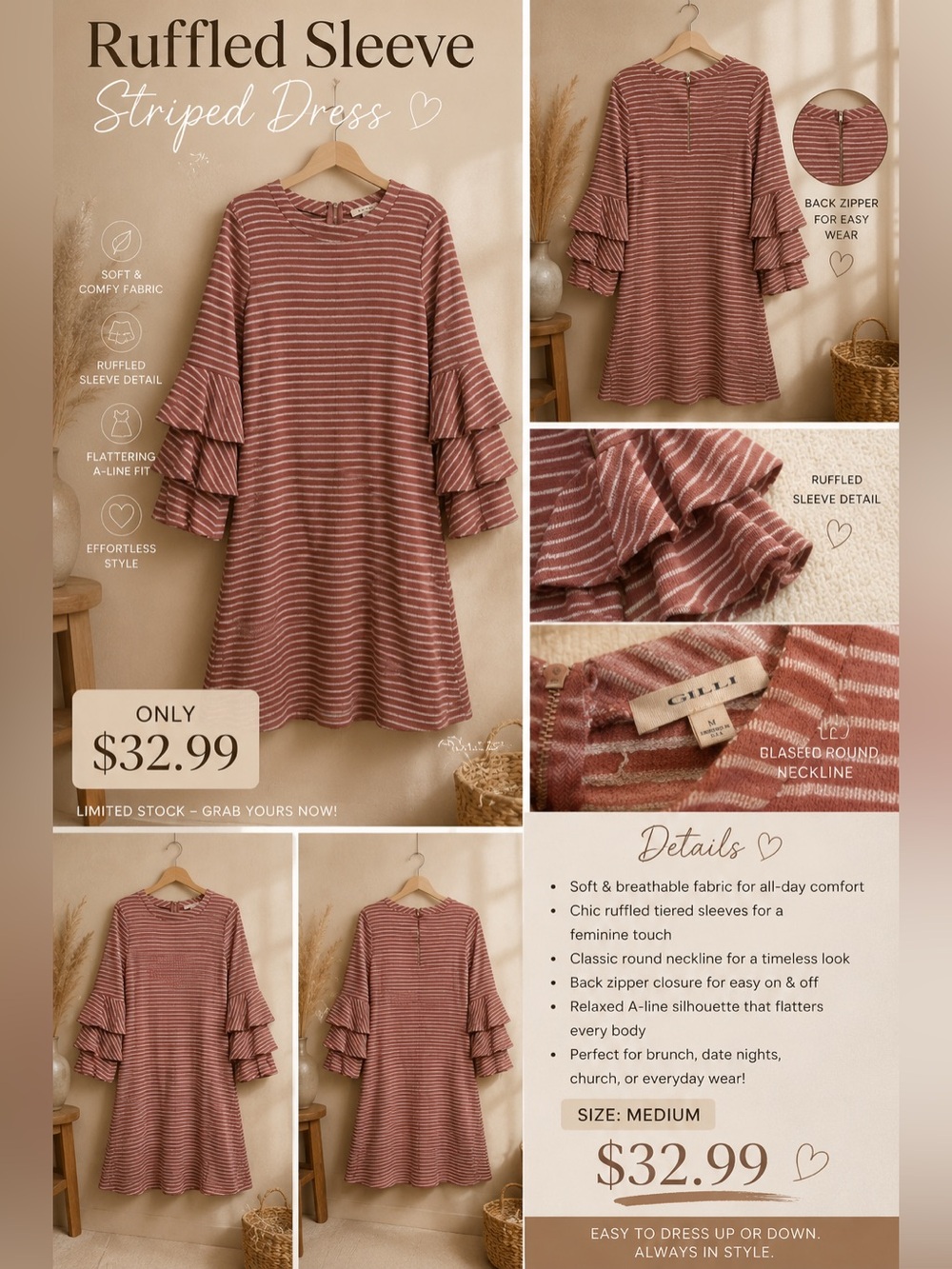 Gilli Mauve and White Striped Ruffled-Sleeve Tunic Dress